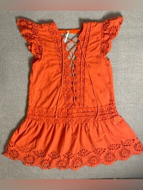 Free People Orange Eyelet Flutter Sleeve Flowy Boho Festival Spring Summer Dress